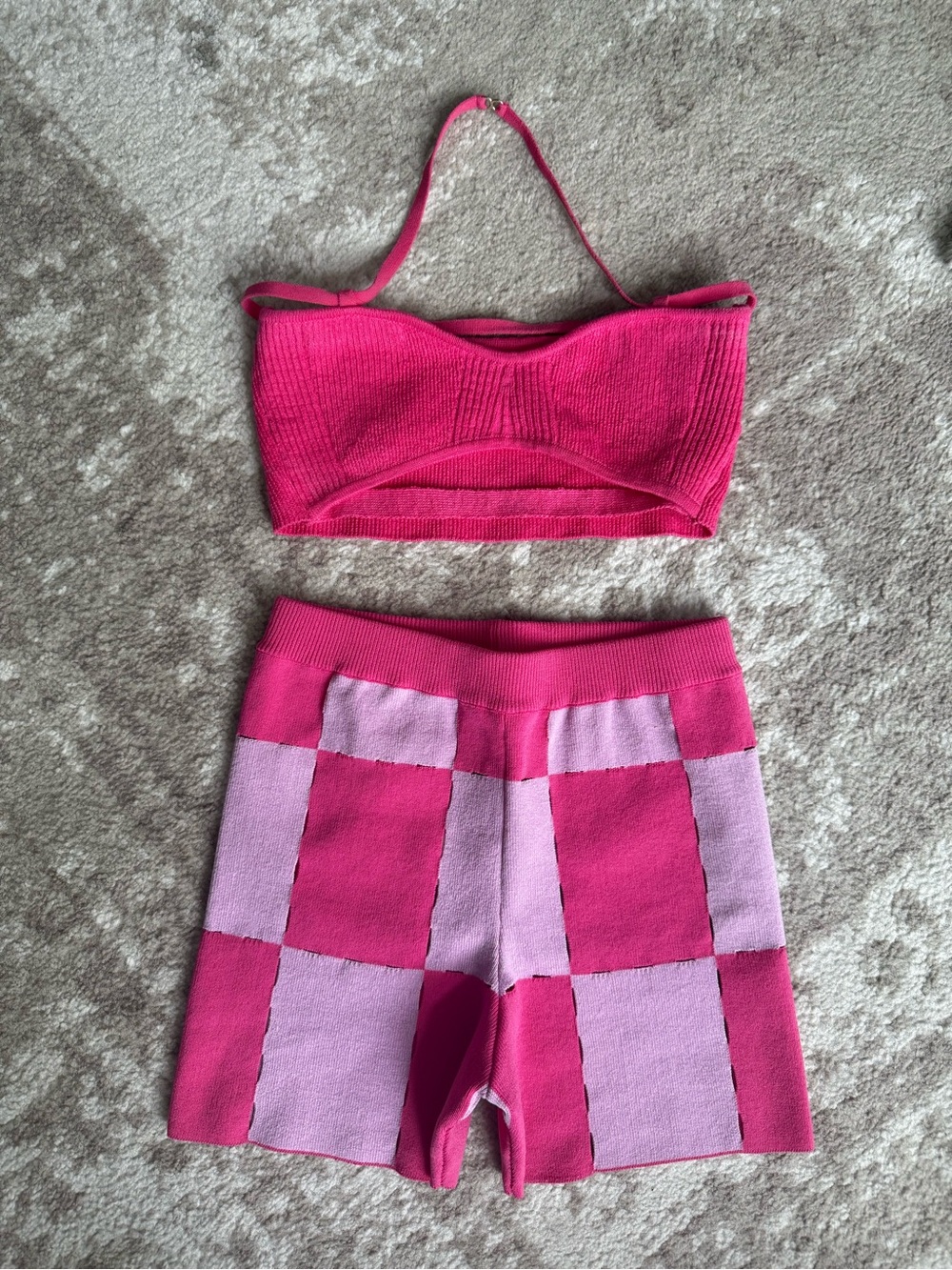 JACQUEMUS 2-Piece Knit Set Pink Checkered Gelato Shorts & Ribbed Halter Top